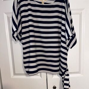 Michael Kors Women's L Blue Striped Side Tie Blouse Boat Neck Casual